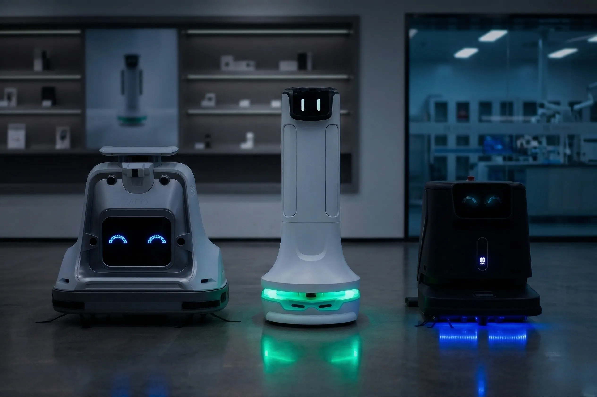 Modern högteknologisk städrobot i vit finish som navigerar i en minimalistisk mörk korridor med neonblå accenter